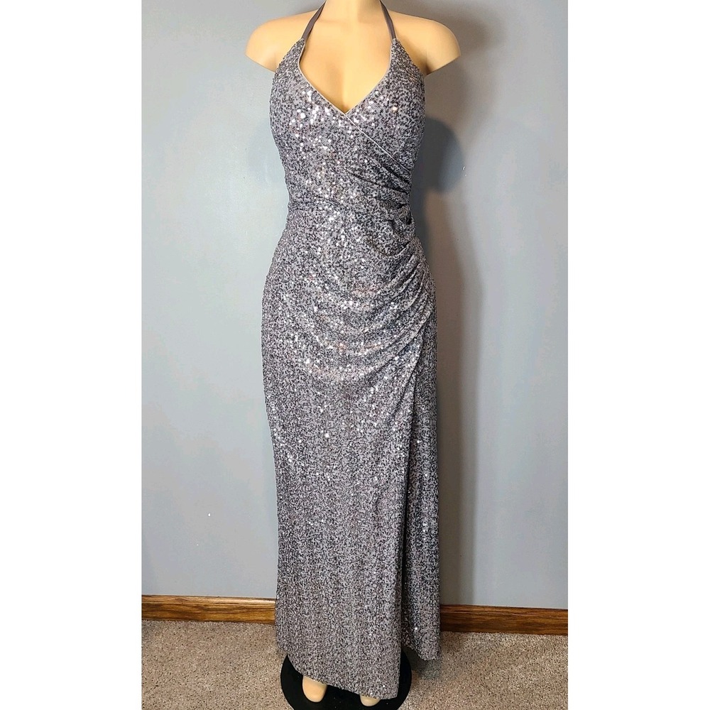 Eliza J Silver Sequin Maxi Dress Size 16 Formal Gown Wedding Cocktail Stretch